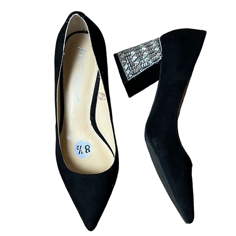 Betsey Johnson Black Silver Pointed Toe Block Heel | Size 8.5